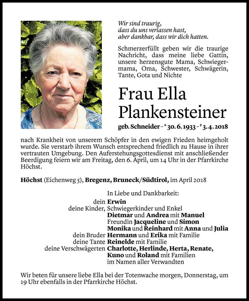  Todesanzeige für Ella Plankensteiner vom 03.04.2018 aus Vorarlberger Nachrichten