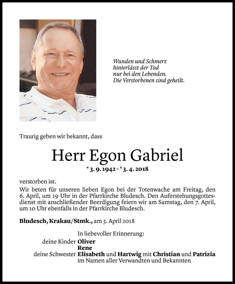  Todesanzeige für Egon Gabriel vom 04.04.2018 aus Vorarlberger Nachrichten