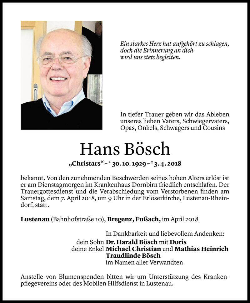 Todesanzeige für Hans Bösch vom 04.04.2018 aus Vorarlberger Nachrichten