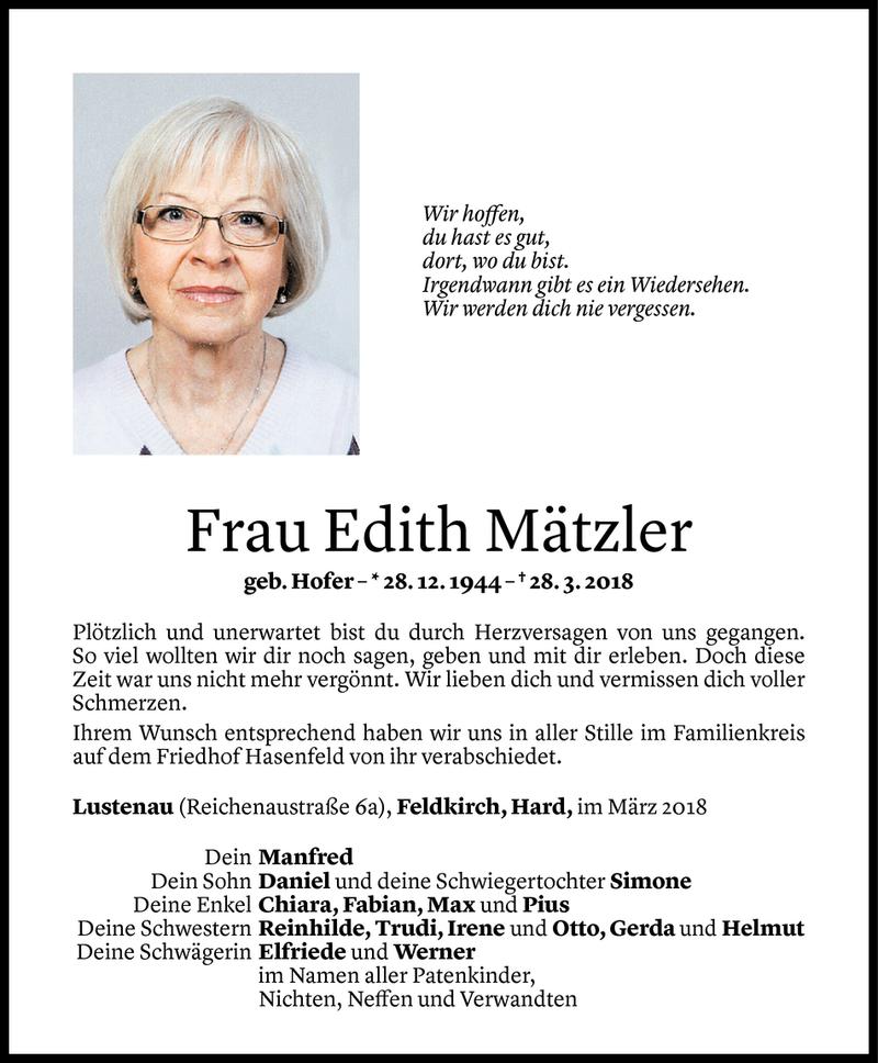  Todesanzeige für Edith Mätzler vom 05.04.2018 aus Vorarlberger Nachrichten