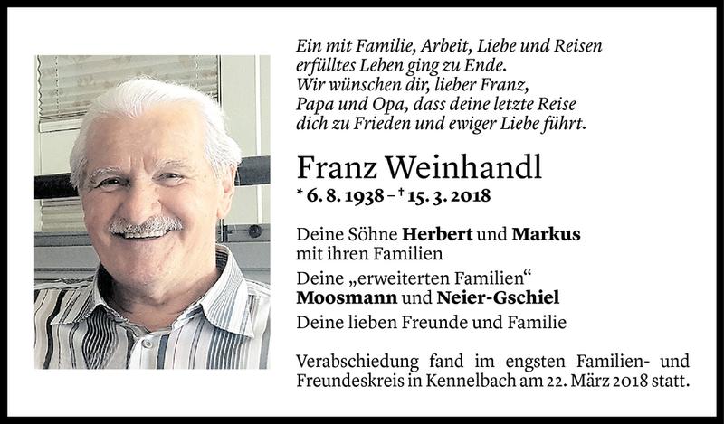  Todesanzeige für Franz Weinhandl vom 07.04.2018 aus Vorarlberger Nachrichten