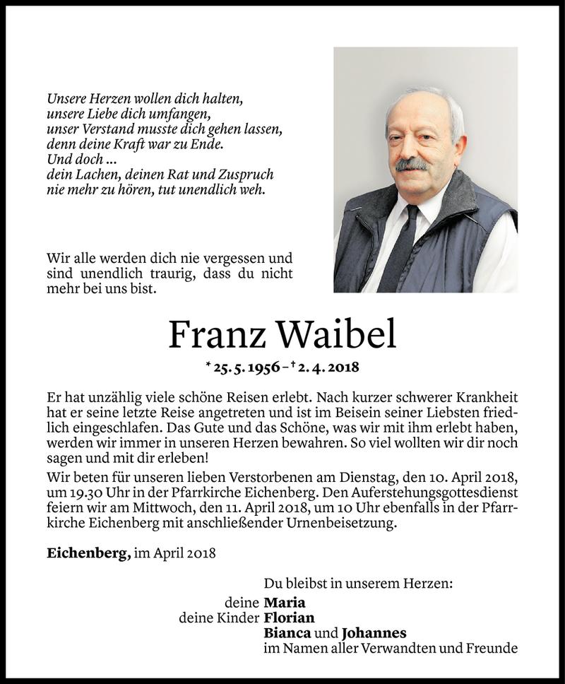  Todesanzeige für Franz Waibel vom 06.04.2018 aus Vorarlberger Nachrichten