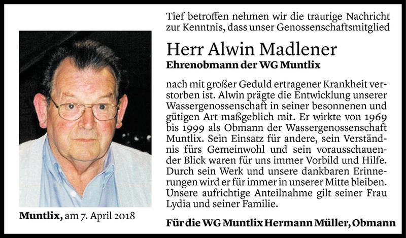  Todesanzeige für Alwin Madlener vom 07.04.2018 aus Vorarlberger Nachrichten