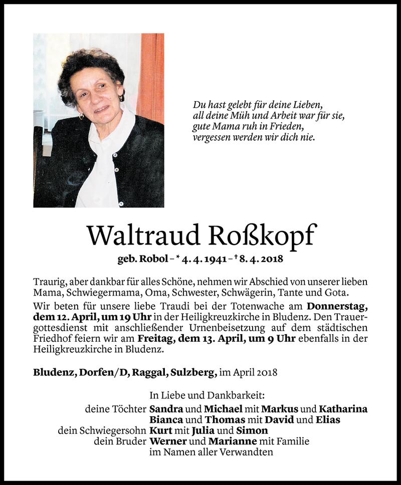  Todesanzeige für Waltraud Roßkopf vom 10.04.2018 aus Vorarlberger Nachrichten