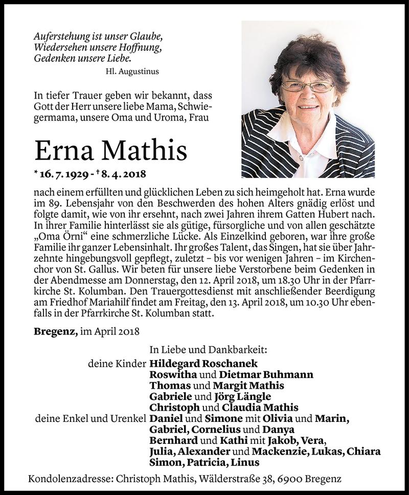  Todesanzeige für Erna Mathis vom 09.04.2018 aus Vorarlberger Nachrichten