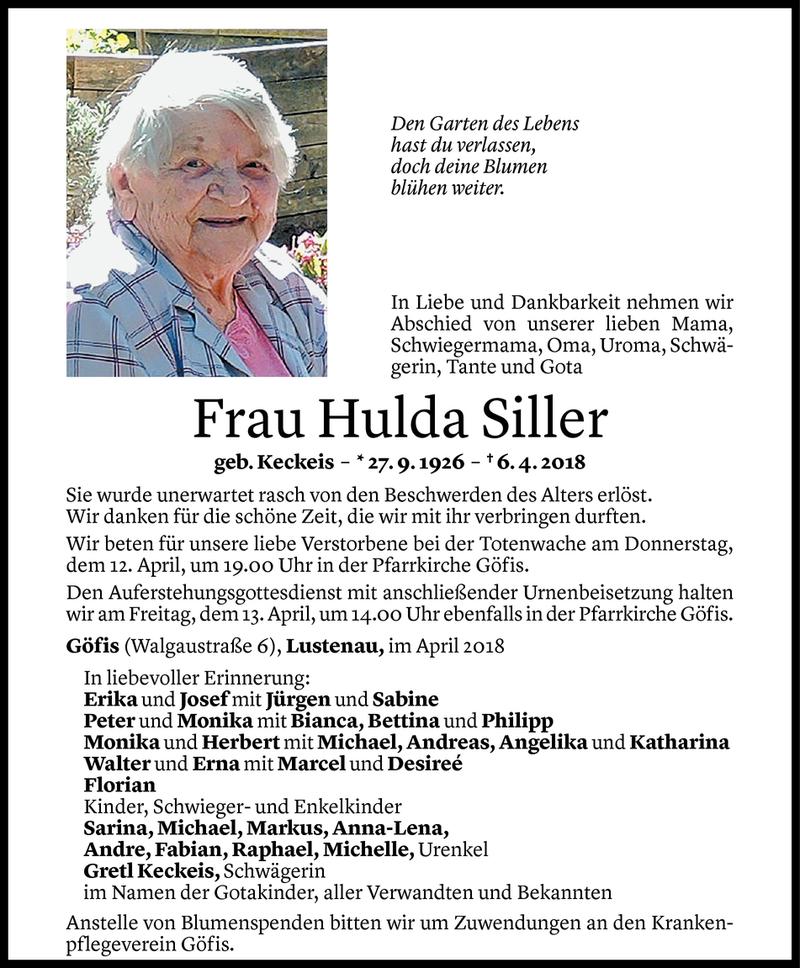  Todesanzeige für Hulda Siller vom 10.04.2018 aus Vorarlberger Nachrichten