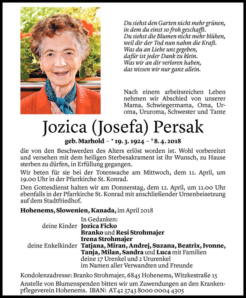  Todesanzeige für Jozica Persak vom 10.04.2018 aus Vorarlberger Nachrichten