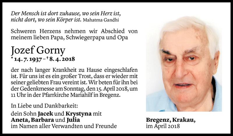  Todesanzeige für Jozef Gorny vom 12.04.2018 aus Vorarlberger Nachrichten