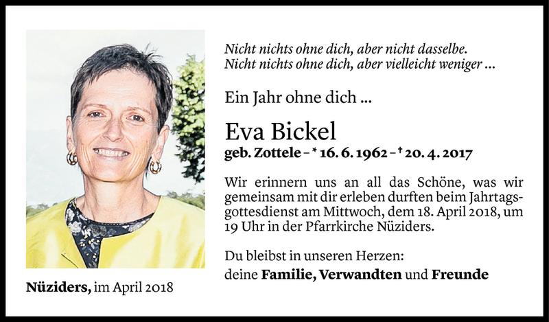  Todesanzeige für Eva Bickel vom 13.04.2018 aus Vorarlberger Nachrichten