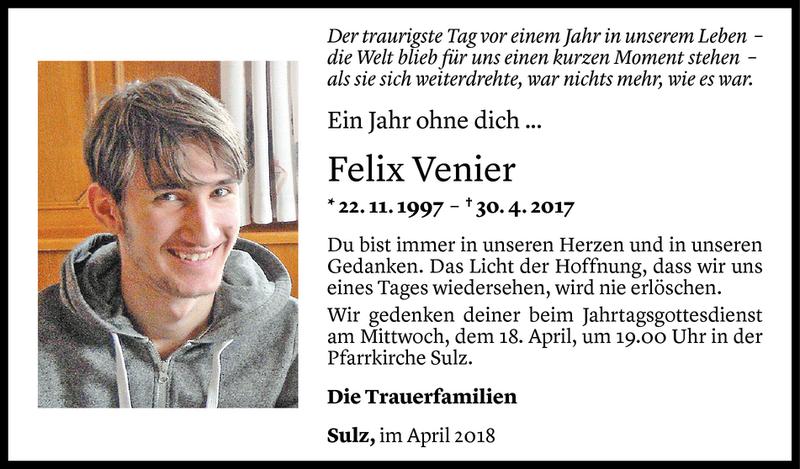  Todesanzeige für Felix Venier vom 16.04.2018 aus Vorarlberger Nachrichten