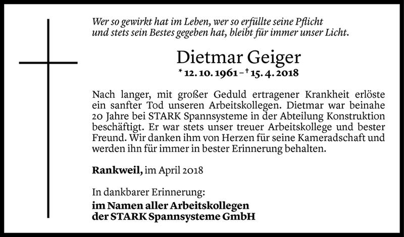  Todesanzeige für Dietmar Geiger vom 17.04.2018 aus Vorarlberger Nachrichten