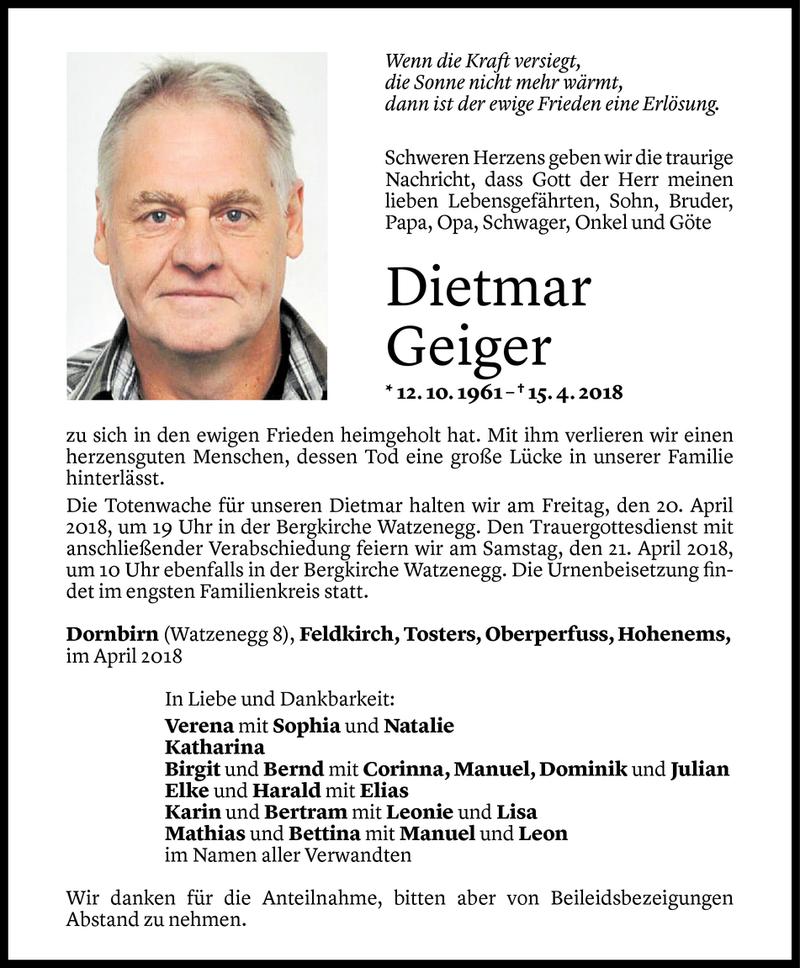  Todesanzeige für Dietmar Geiger vom 17.04.2018 aus Vorarlberger Nachrichten