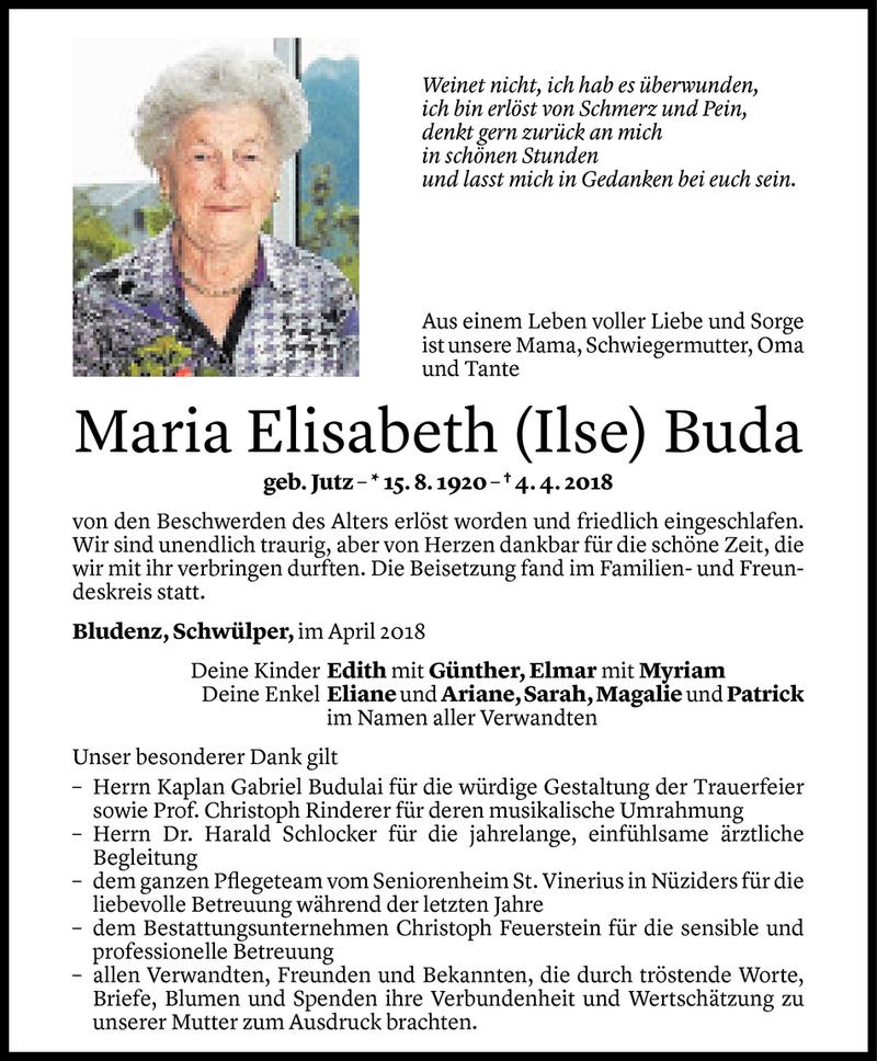  Todesanzeige für Maria Elisabeth Buda vom 19.04.2018 aus Vorarlberger Nachrichten