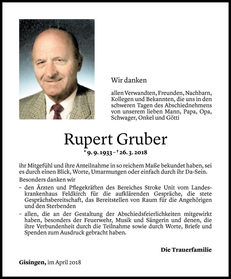  Todesanzeige für Rupert Gruber vom 20.04.2018 aus Vorarlberger Nachrichten