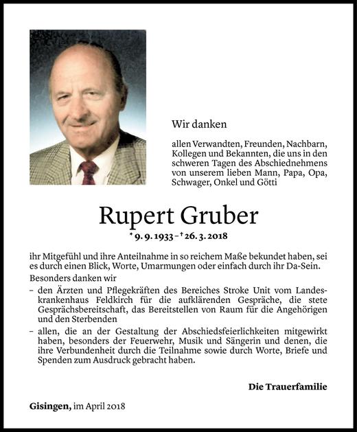 Todesanzeige von Rupert Gruber von Vorarlberger Nachrichten