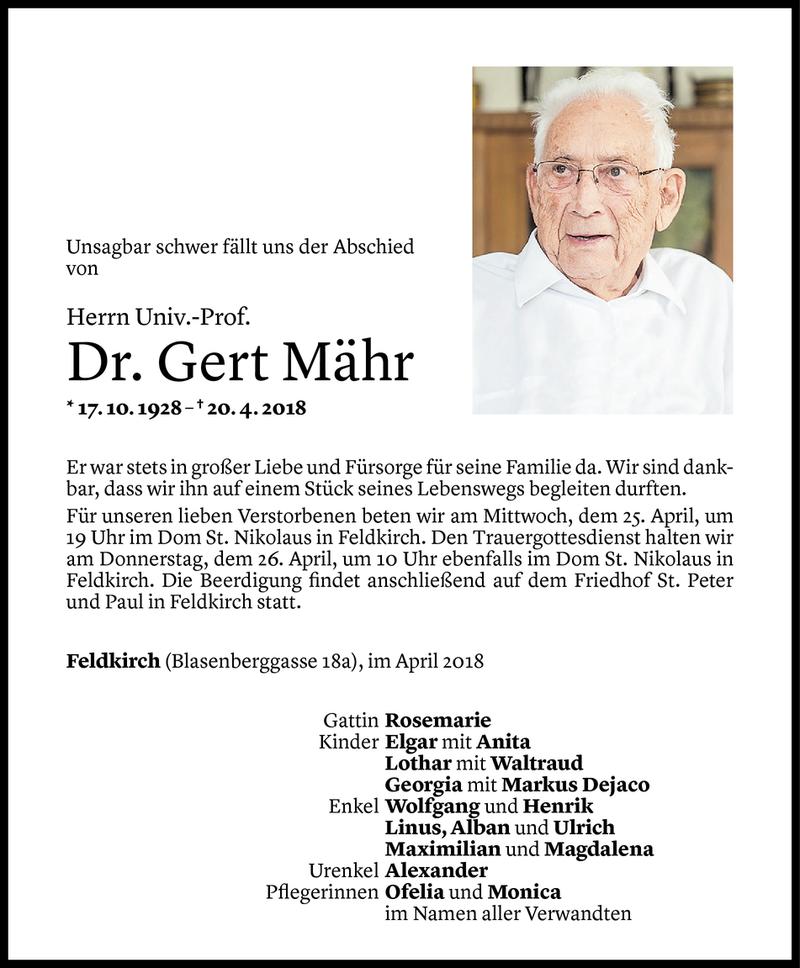  Todesanzeige für Gert Mähr vom 22.04.2018 aus Vorarlberger Nachrichten
