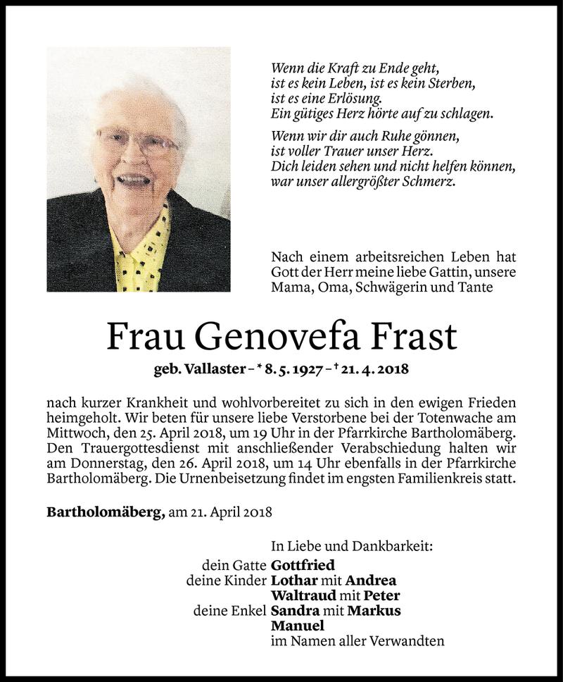  Todesanzeige für Genovefa Frast vom 22.04.2018 aus Vorarlberger Nachrichten