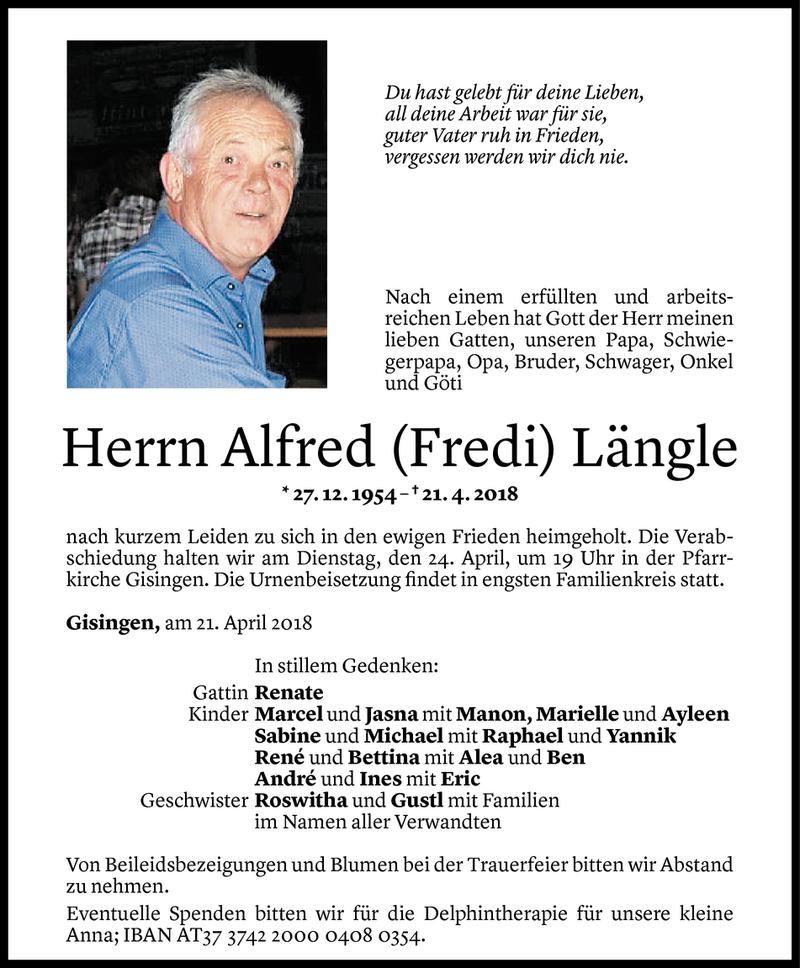  Todesanzeige für Alfred Längle vom 23.04.2018 aus Vorarlberger Nachrichten