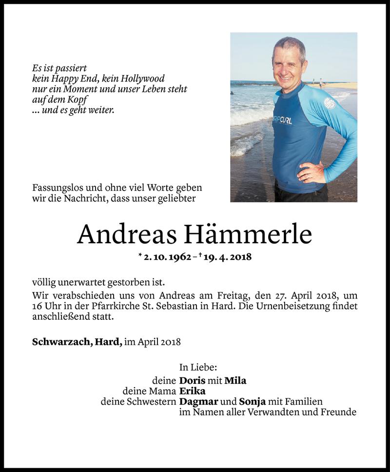  Todesanzeige für Andreas Hämmerle vom 24.04.2018 aus Vorarlberger Nachrichten