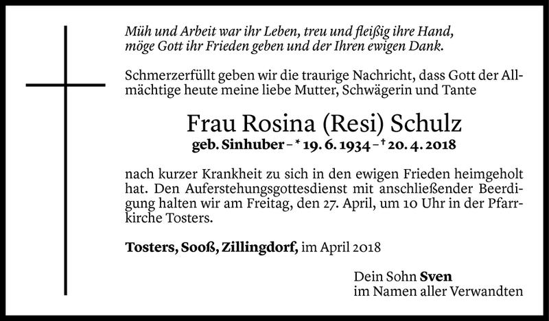  Todesanzeige für Rosina Schulz vom 24.04.2018 aus Vorarlberger Nachrichten