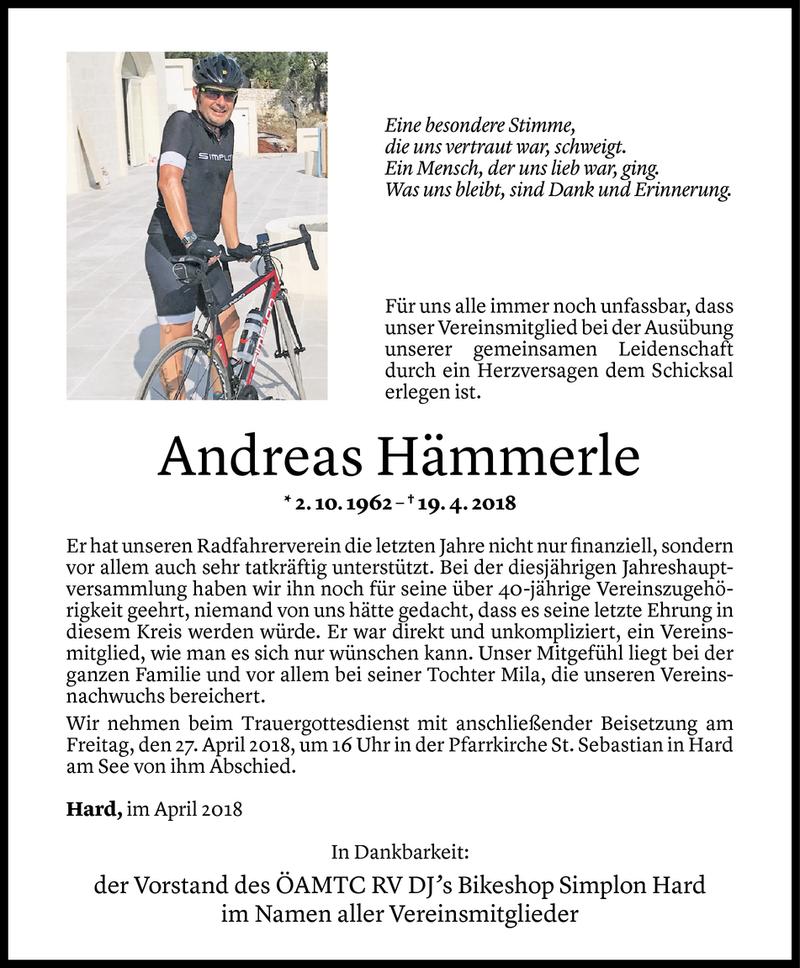  Todesanzeige für Andreas Hämmerle vom 24.04.2018 aus Vorarlberger Nachrichten