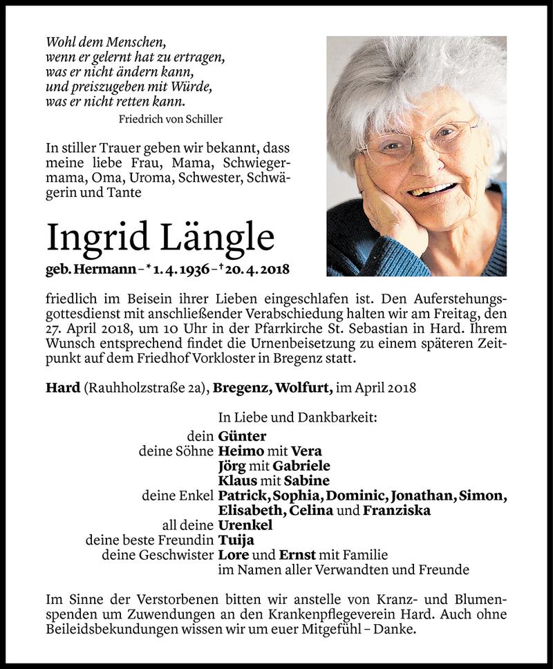  Todesanzeige für Ingrid Längle vom 24.04.2018 aus Vorarlberger Nachrichten