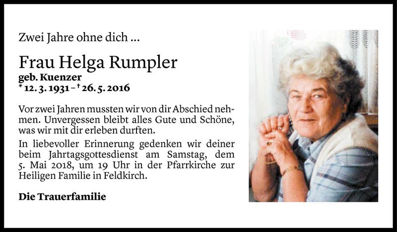  Todesanzeige für Helga Rumpler vom 27.04.2018 aus Vorarlberger Nachrichten