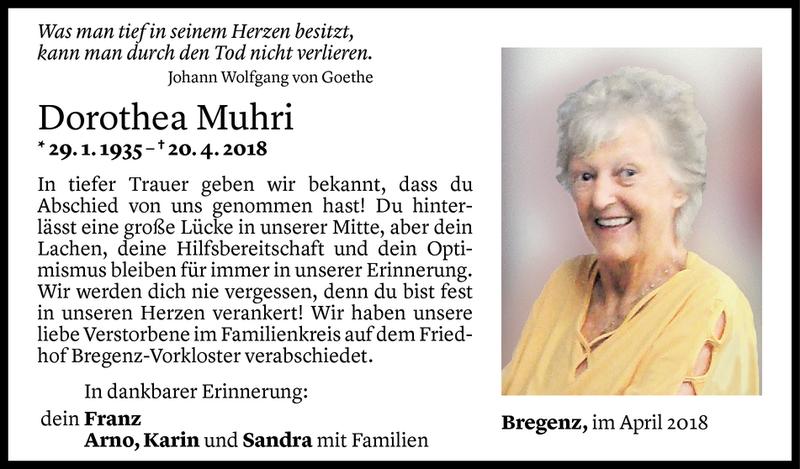 Todesanzeige für Dorothea Muhri vom 28.04.2018 aus Vorarlberger Nachrichten