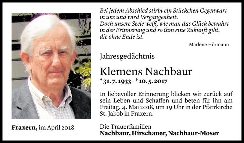  Todesanzeige für Klemens Nachbaur vom 27.04.2018 aus Vorarlberger Nachrichten