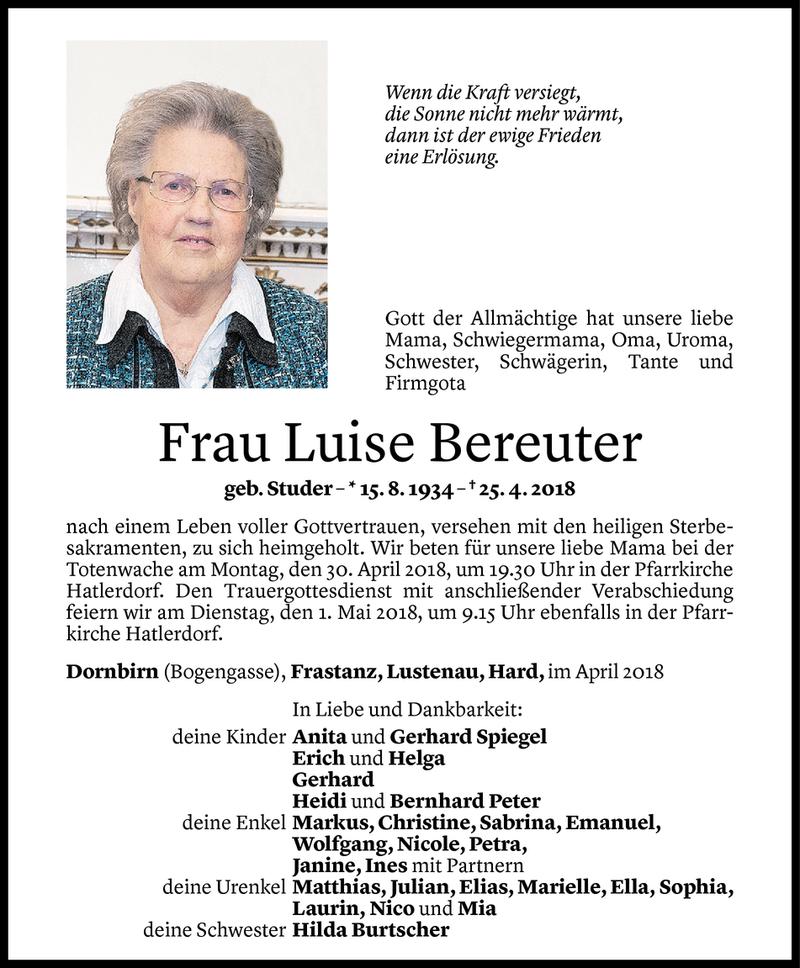  Todesanzeige für Luise Bereuter vom 27.04.2018 aus Vorarlberger Nachrichten