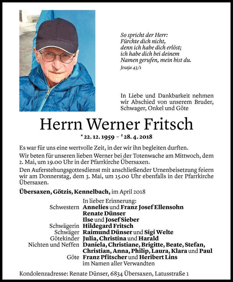  Todesanzeige für Werner Fritsch vom 30.04.2018 aus Vorarlberger Nachrichten