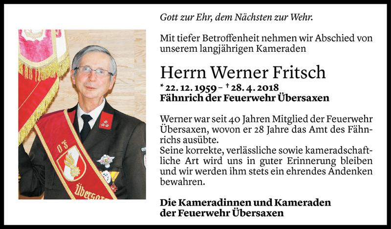  Todesanzeige für Werner Fritsch vom 29.04.2018 aus Vorarlberger Nachrichten