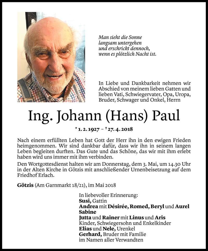  Todesanzeige für Johann Paul vom 02.05.2018 aus Vorarlberger Nachrichten