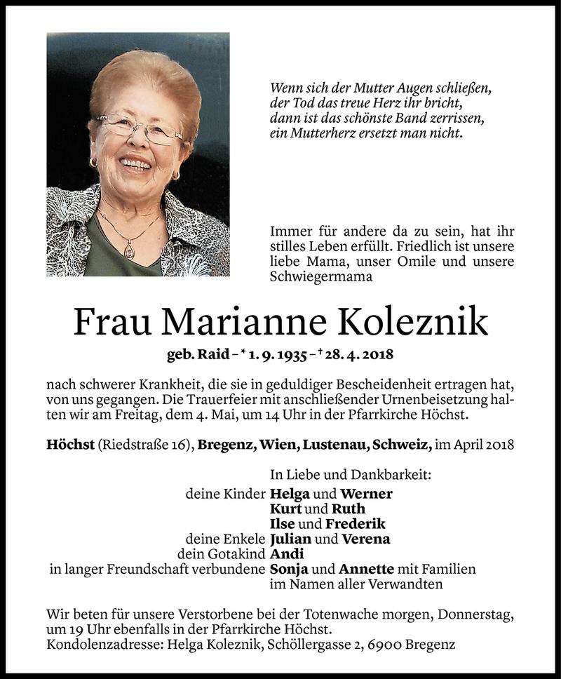  Todesanzeige für Marianne Koleznik vom 01.05.2018 aus Vorarlberger Nachrichten