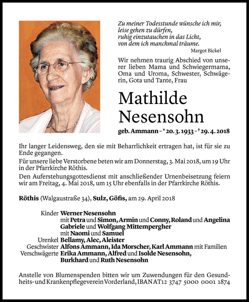  Todesanzeige für Mathilde Nesensohn vom 01.05.2018 aus Vorarlberger Nachrichten