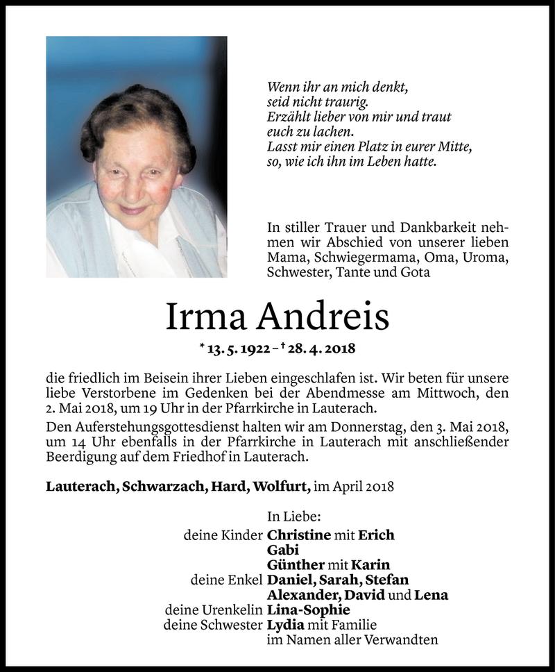  Todesanzeige für Irma Andreis vom 01.05.2018 aus Vorarlberger Nachrichten