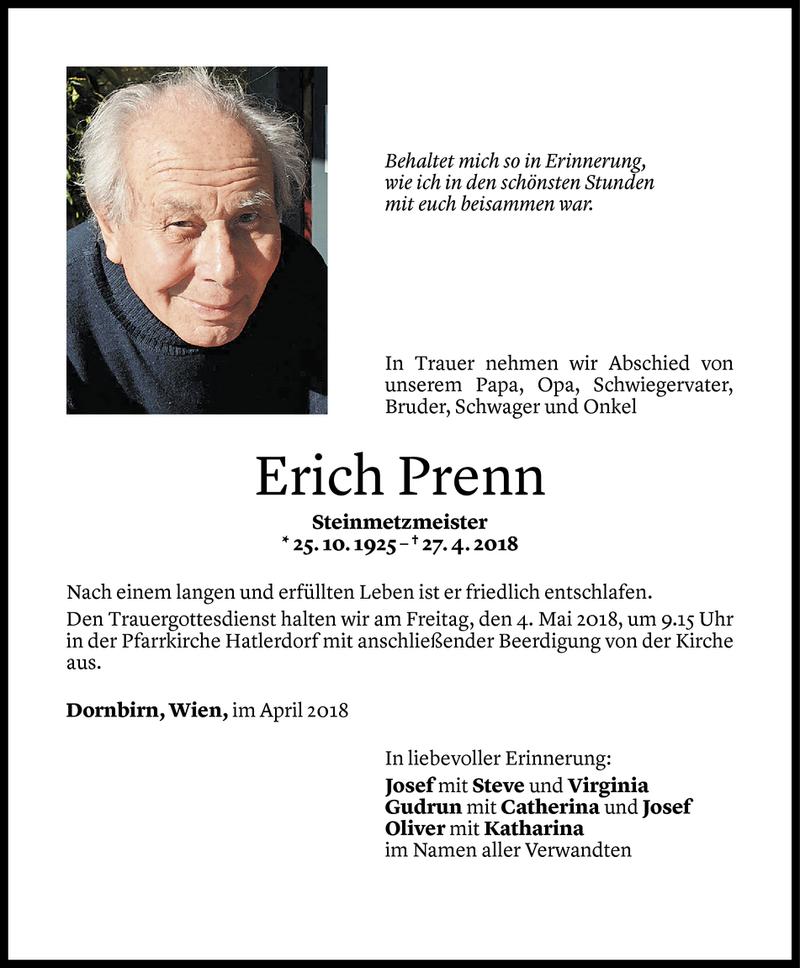  Todesanzeige für Erich Prenn vom 01.05.2018 aus Vorarlberger Nachrichten