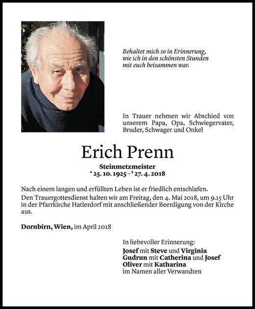 Todesanzeige von Erich Prenn von Vorarlberger Nachrichten