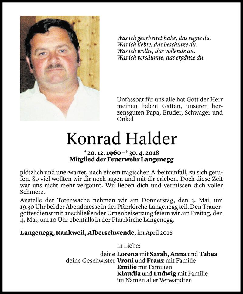  Todesanzeige für Konrad Halder vom 01.05.2018 aus Vorarlberger Nachrichten