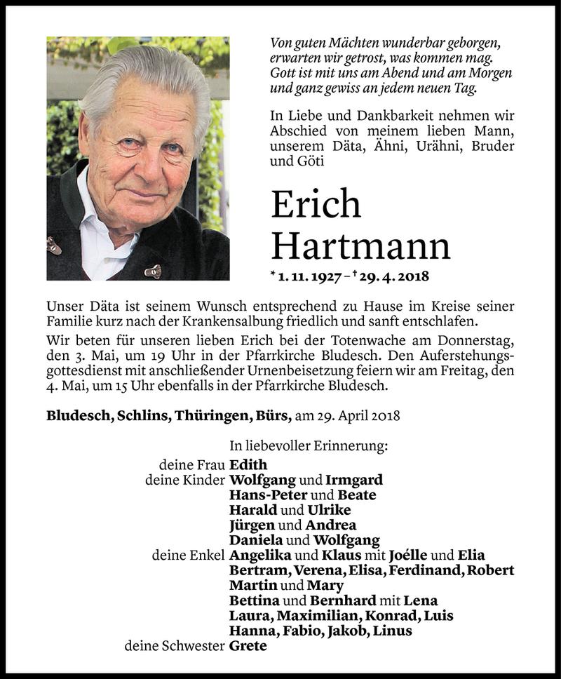  Todesanzeige für Erich Hartmann vom 01.05.2018 aus Vorarlberger Nachrichten