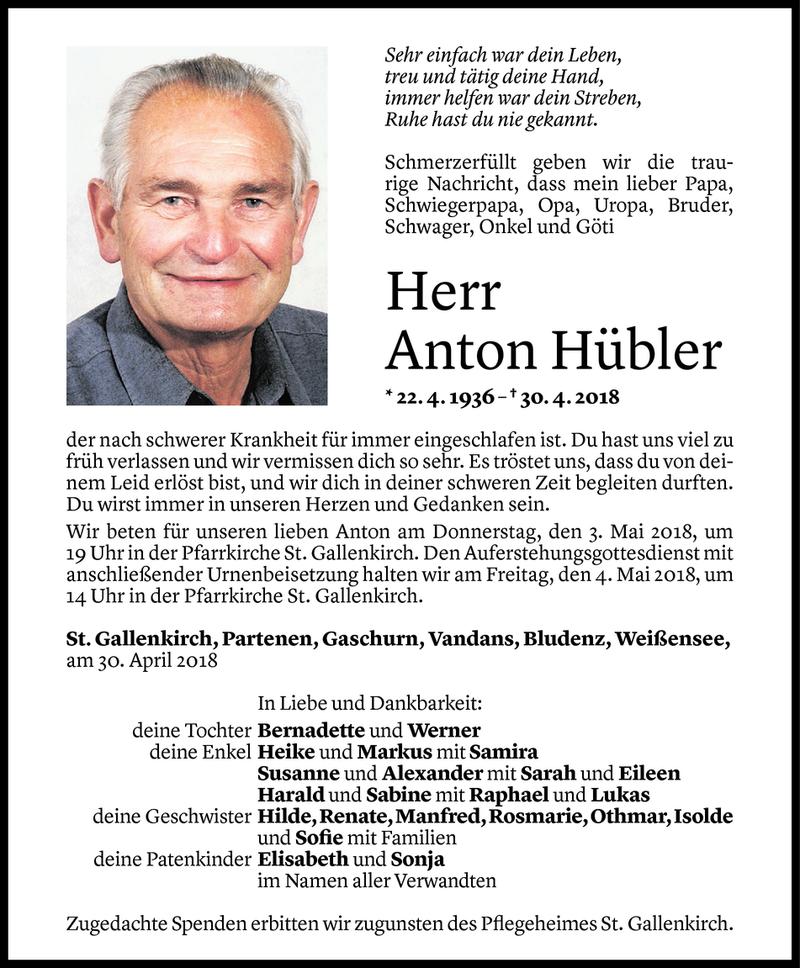  Todesanzeige für Anton Hübler vom 01.05.2018 aus Vorarlberger Nachrichten