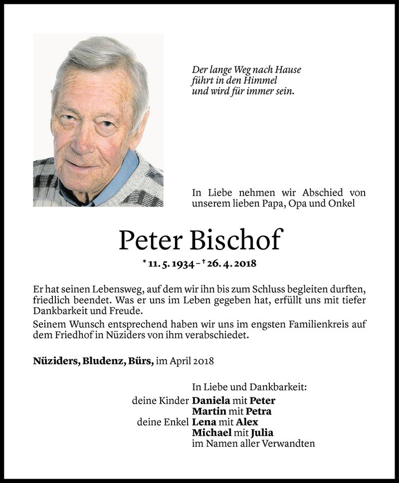 Todesanzeige für Peter Bischof vom 04.05.2018 aus Vorarlberger Nachrichten
