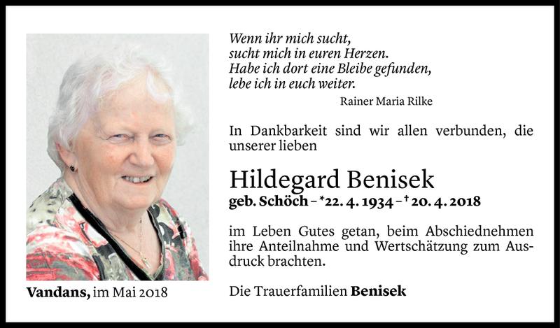  Todesanzeige für Hildegard Benisek vom 05.05.2018 aus Vorarlberger Nachrichten