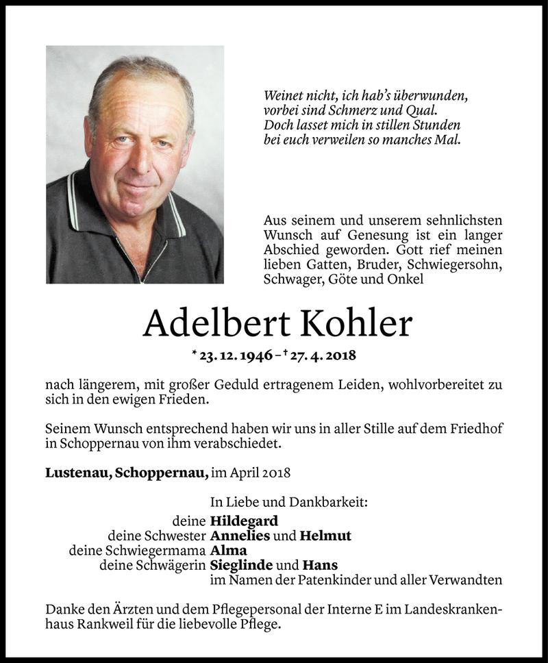  Todesanzeige für Adelbert Kohler vom 02.05.2018 aus Vorarlberger Nachrichten