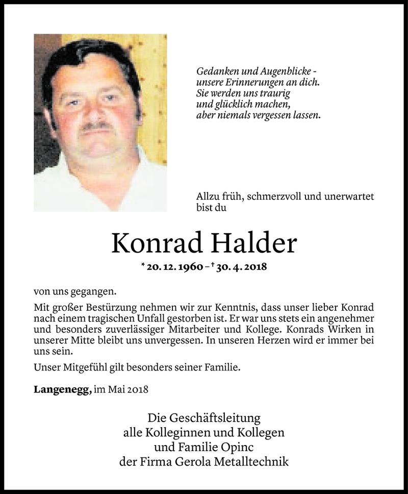  Todesanzeige für Konrad Halder vom 02.05.2018 aus Vorarlberger Nachrichten