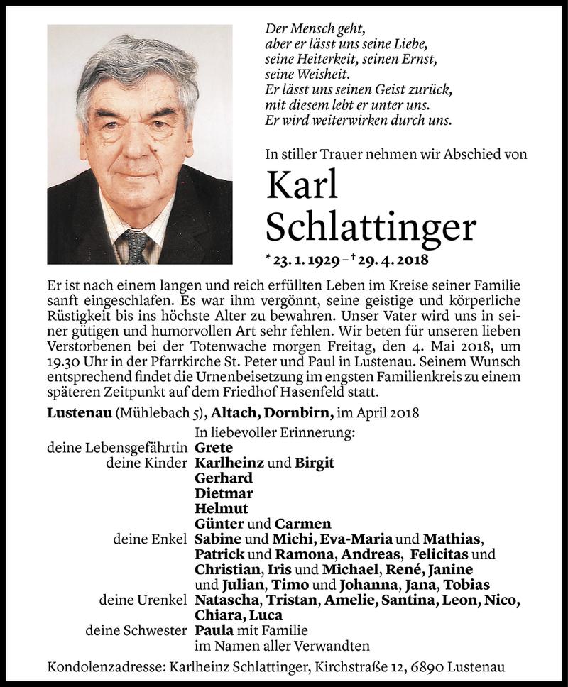  Todesanzeige für Karl Schlattinger vom 02.05.2018 aus Vorarlberger Nachrichten