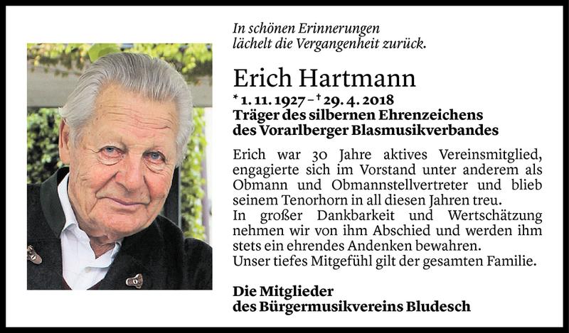  Todesanzeige für Erich Hartmann vom 02.05.2018 aus Vorarlberger Nachrichten