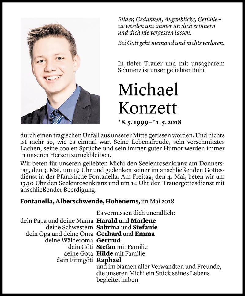  Todesanzeige für Michael Konzett vom 03.05.2018 aus Vorarlberger Nachrichten