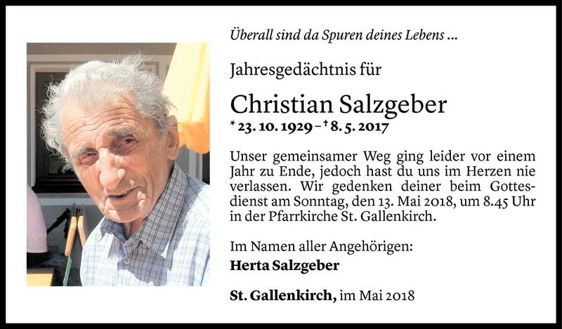  Todesanzeige für Christian Salzgeber vom 07.05.2018 aus Vorarlberger Nachrichten