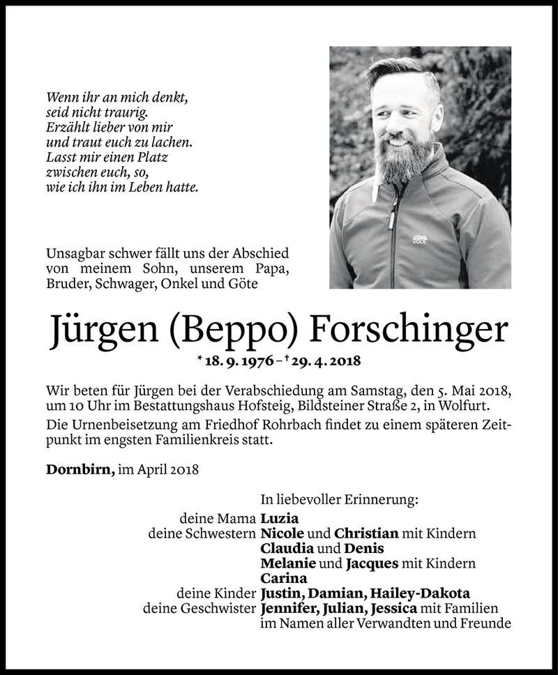  Todesanzeige für Jürgen (Beppo) Forschinger vom 03.05.2018 aus Vorarlberger Nachrichten